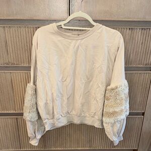 Young Fabulous & Broke Cream Sweatshirt with Fuzzy Sleeves